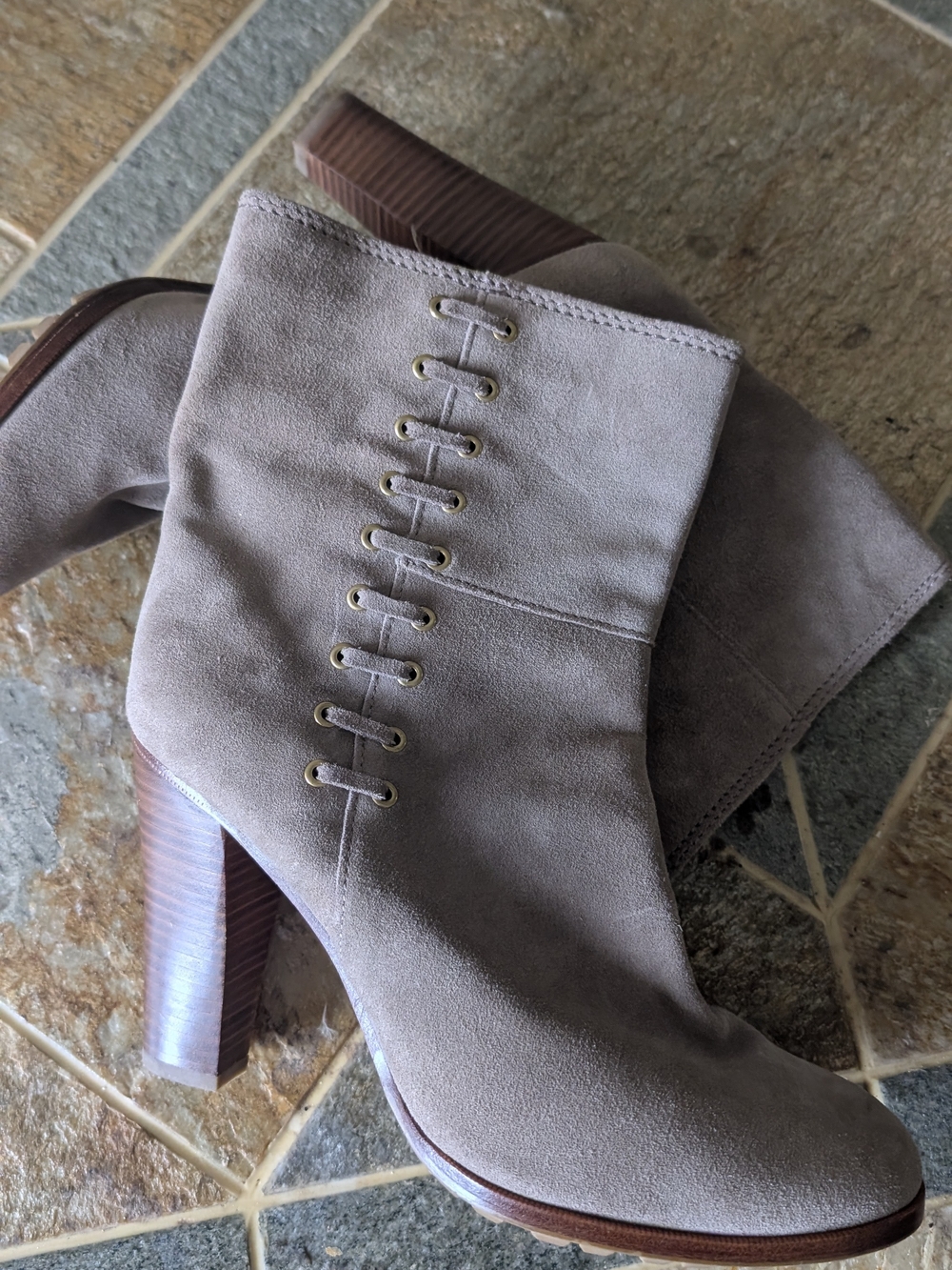 Coach Taupe Leather Suede Ankle Booties with Stacked Heel 4"